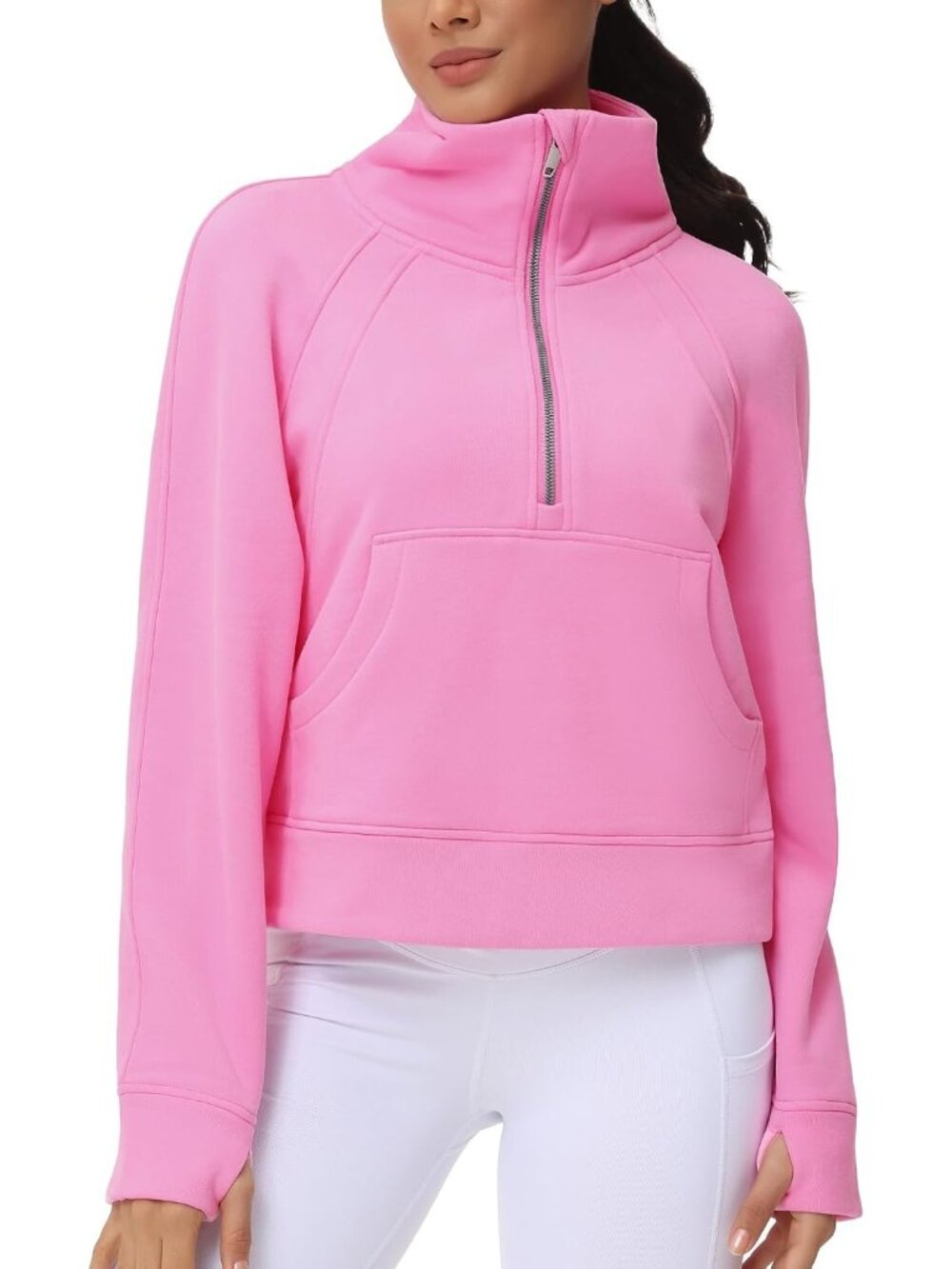 Women's Rose Pink Fleece Lined Stand Collar Half Zip Thumb Holes Crop Sweatshirt